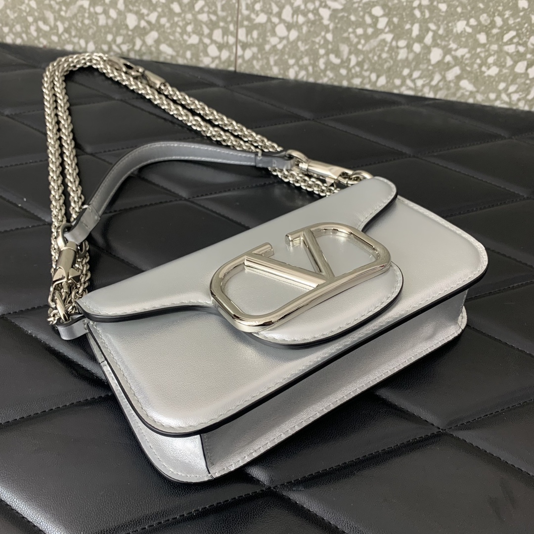 Valentino Garavani Loco Small Shoulder Bag in Silver Calfskin Leather 